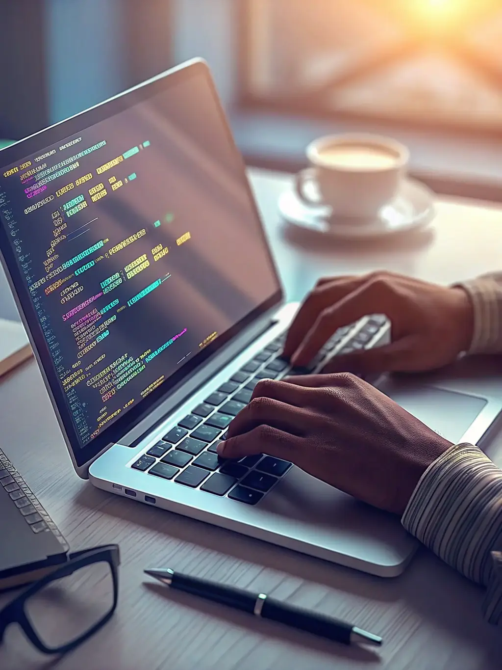A close-up shot of a person's hands typing rapidly on a keyboard, with lines of code visible on the screen, symbolizing ethical hacking.