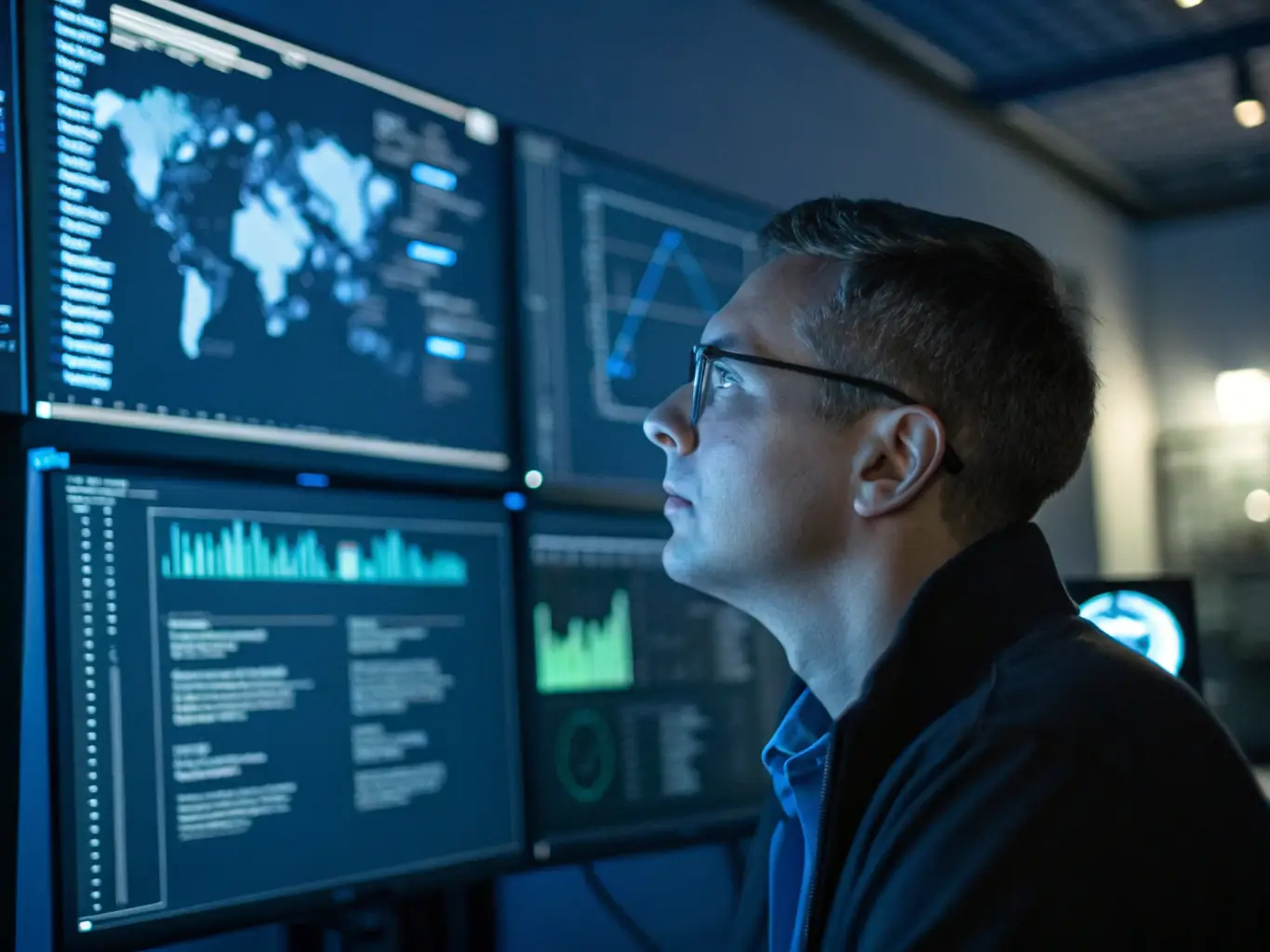 A focused cybersecurity professional is deeply engaged in a network security training session, analyzing data packets with sophisticated software tools in a modern, high-tech classroom setting.
