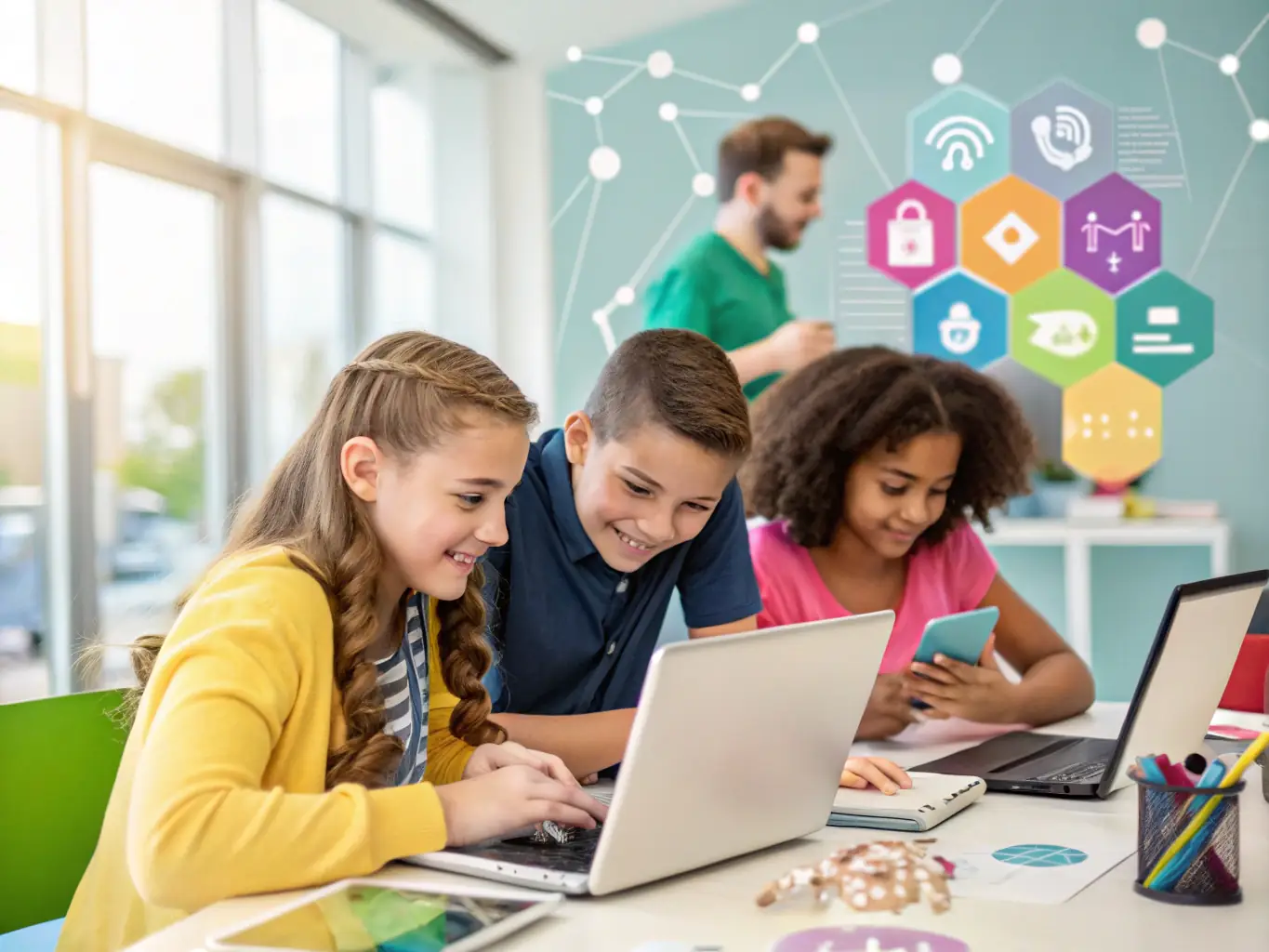 A diverse group of students collaborates on a cybersecurity project, using laptops and network diagrams to simulate real-world threat scenarios in a bright, collaborative learning environment.