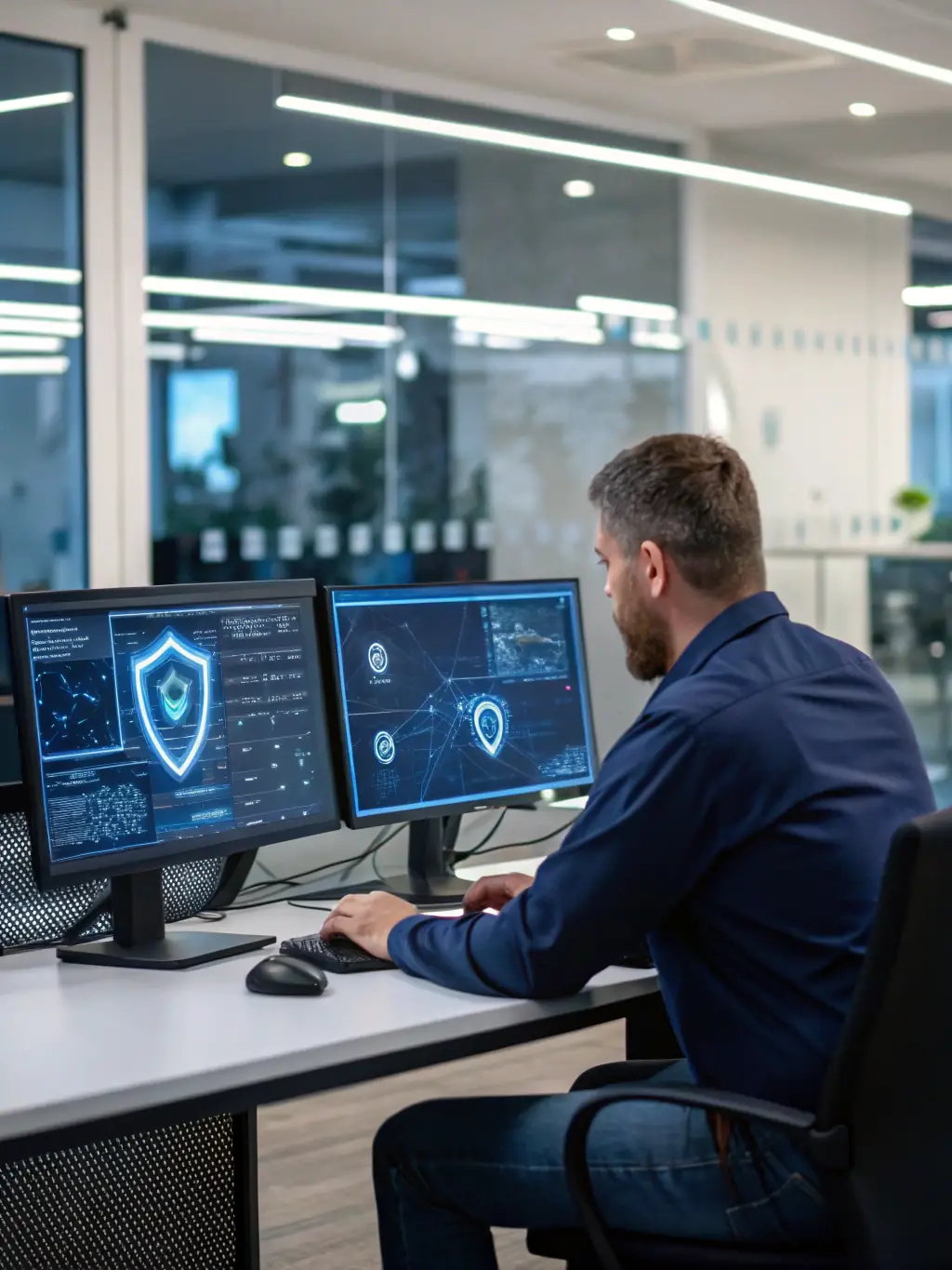 A person wearing a headset in a simulated cyberattack scenario, focusing on real-time threat analysis and response.