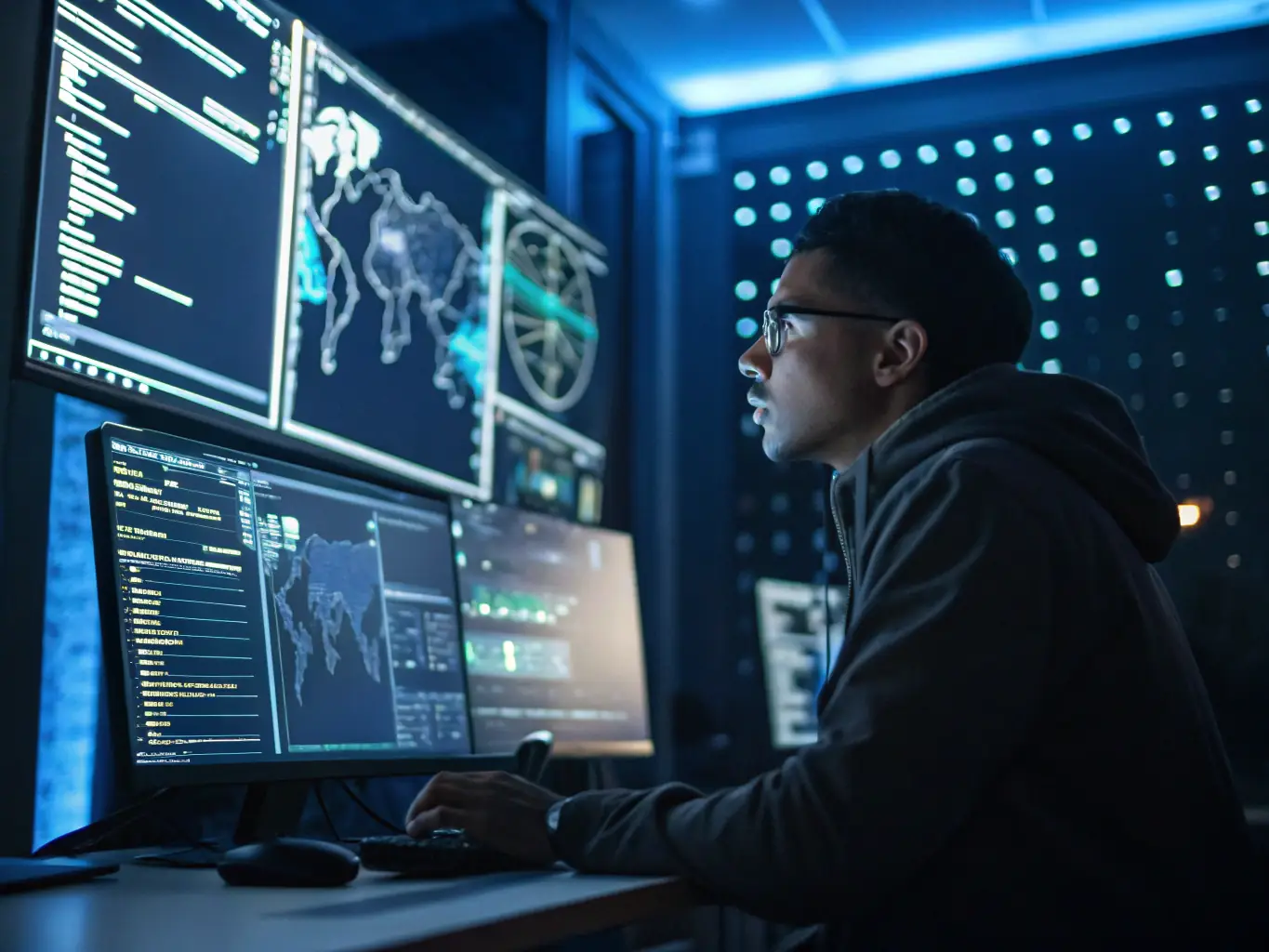 A cybersecurity expert is conducting a threat analysis simulation, using advanced software to identify and mitigate potential risks in a critical infrastructure environment.