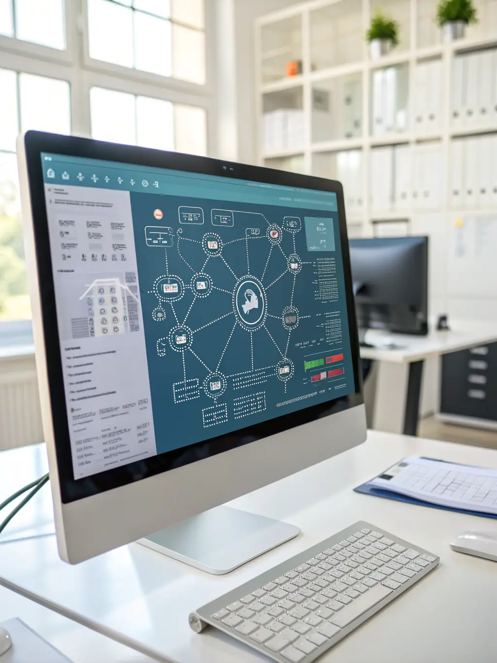 A network diagram displayed on a monitor, showing interconnected devices and security protocols, representing network security.